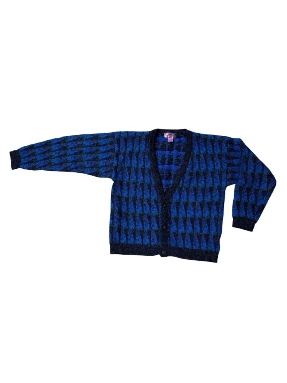 Vintage Cardigan Sweater XL Blue Black Concrete Mix 1980s Hong Kong Geometric - Picture 2 of 6